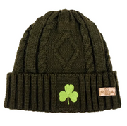 Aran knit shamrock embroidery hat/beanie - dark green
